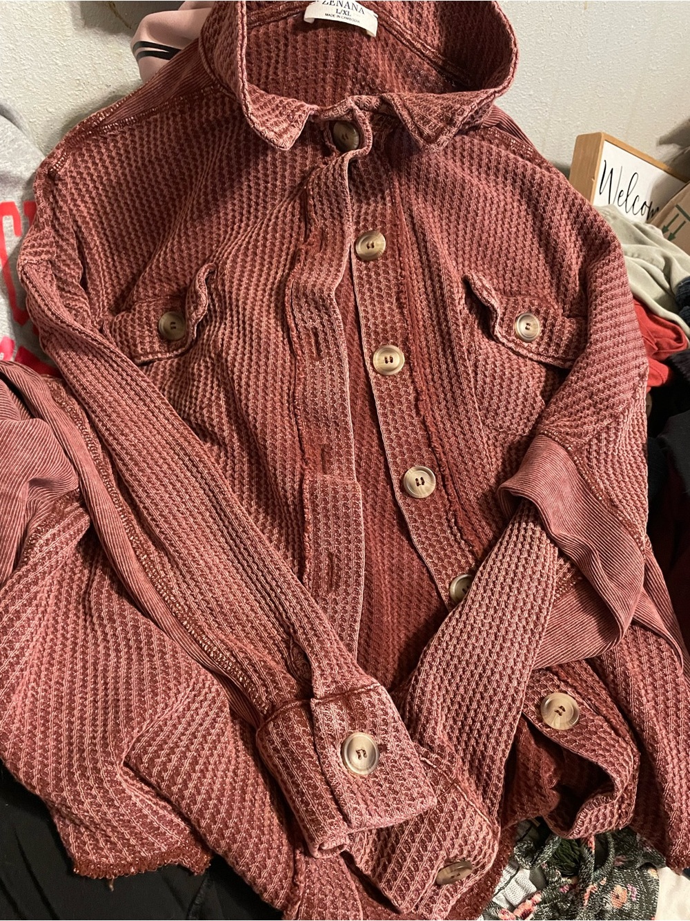 Zenana Outfitters Dusty Rose Waffle-Knit Button Front womens Jacket